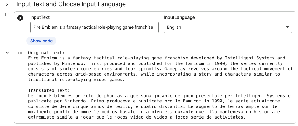 Interlingua translator Colab notebook screenshot